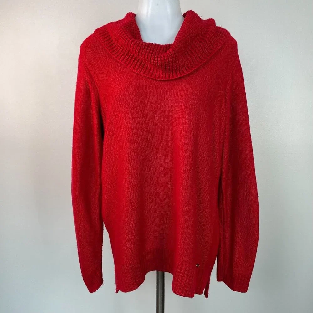 Calvin Klein Sweater Large Red Cowl Neck Pullover Women's Long Sleeve - Picture 1 of 12